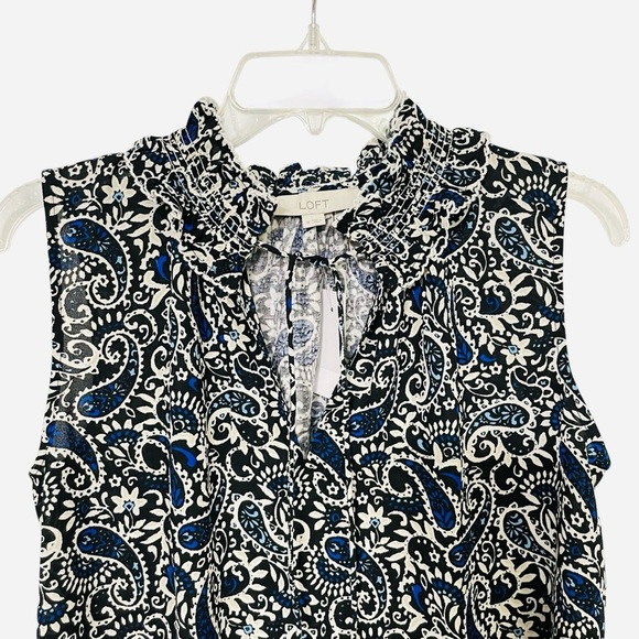 Loft Paisley Smocked Tie Neck Mixed Media Shell size M - Picture 3 of 12